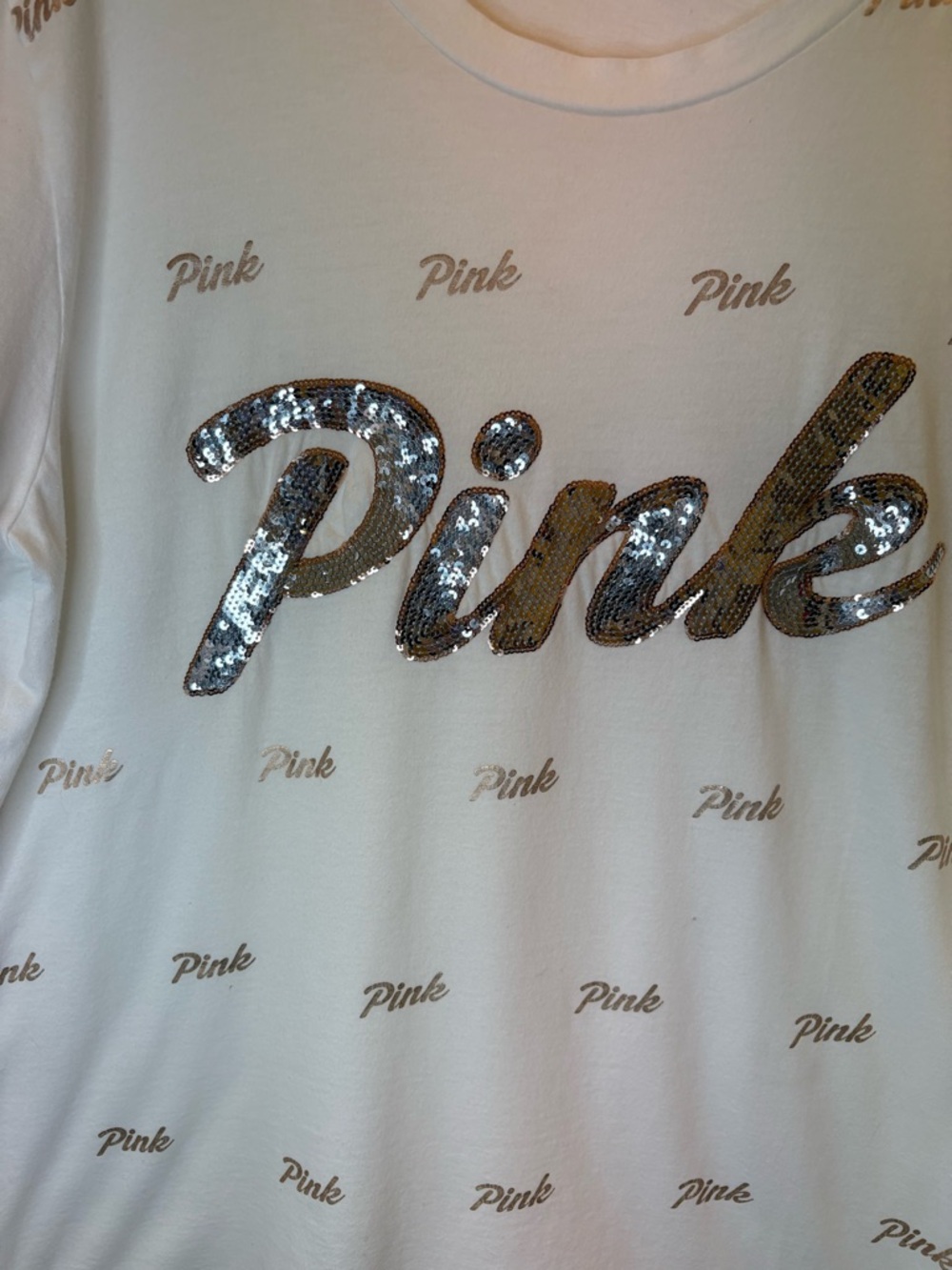 2 PINK Victoria's Secret Sequined White T-Shirts | Size Large 🩶 - Picture 13 of 17